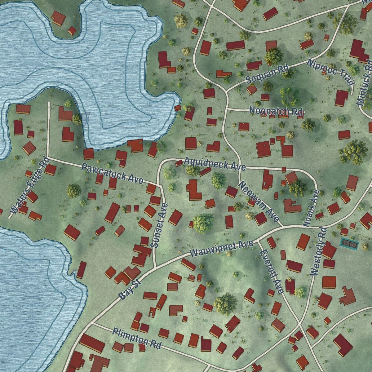 Close-up of the map of Watch Hill, Rhode Island print showing street and building detail
