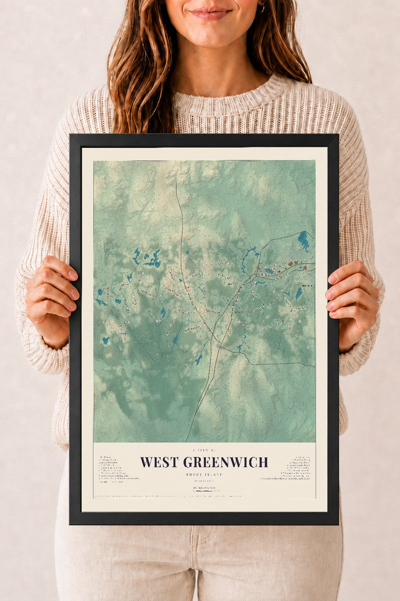 West Greenwich, Rhode Island map print, 12" x 18" W/ Black Ayous Wood Frame mockup