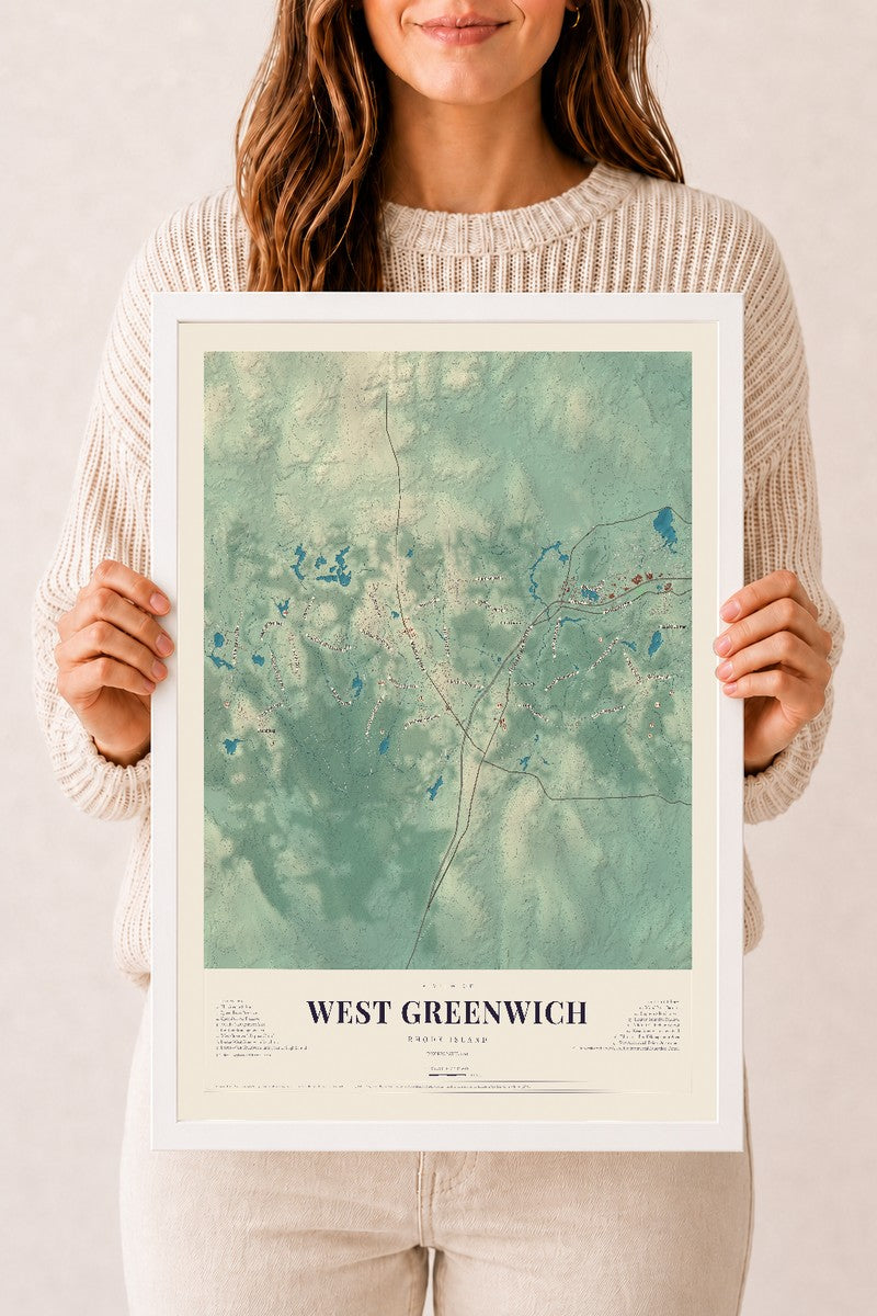 West Greenwich, Rhode Island map print, 12" x 18" W/ White Ayous Wood Frame mockup