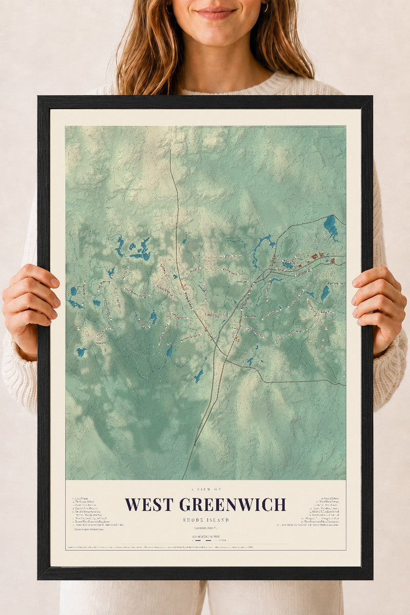 West Greenwich, Rhode Island map print, 18" x 24" W/ Black Ayous Wood Frame mockup