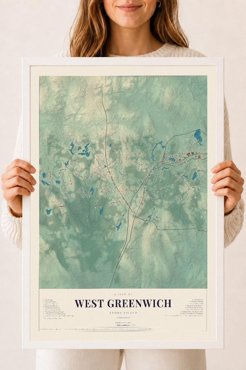 West Greenwich, Rhode Island map print, 18" x 24" W/ White Ayous Wood Frame mockup