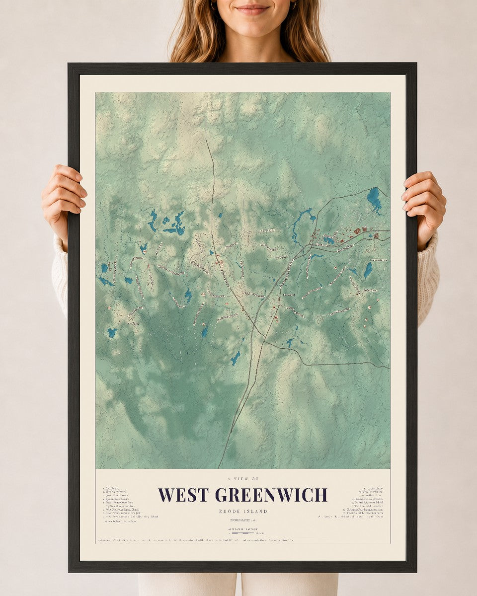 West Greenwich, Rhode Island map print, 24" x 36" W/ Black Ayous Wood Frame mockup