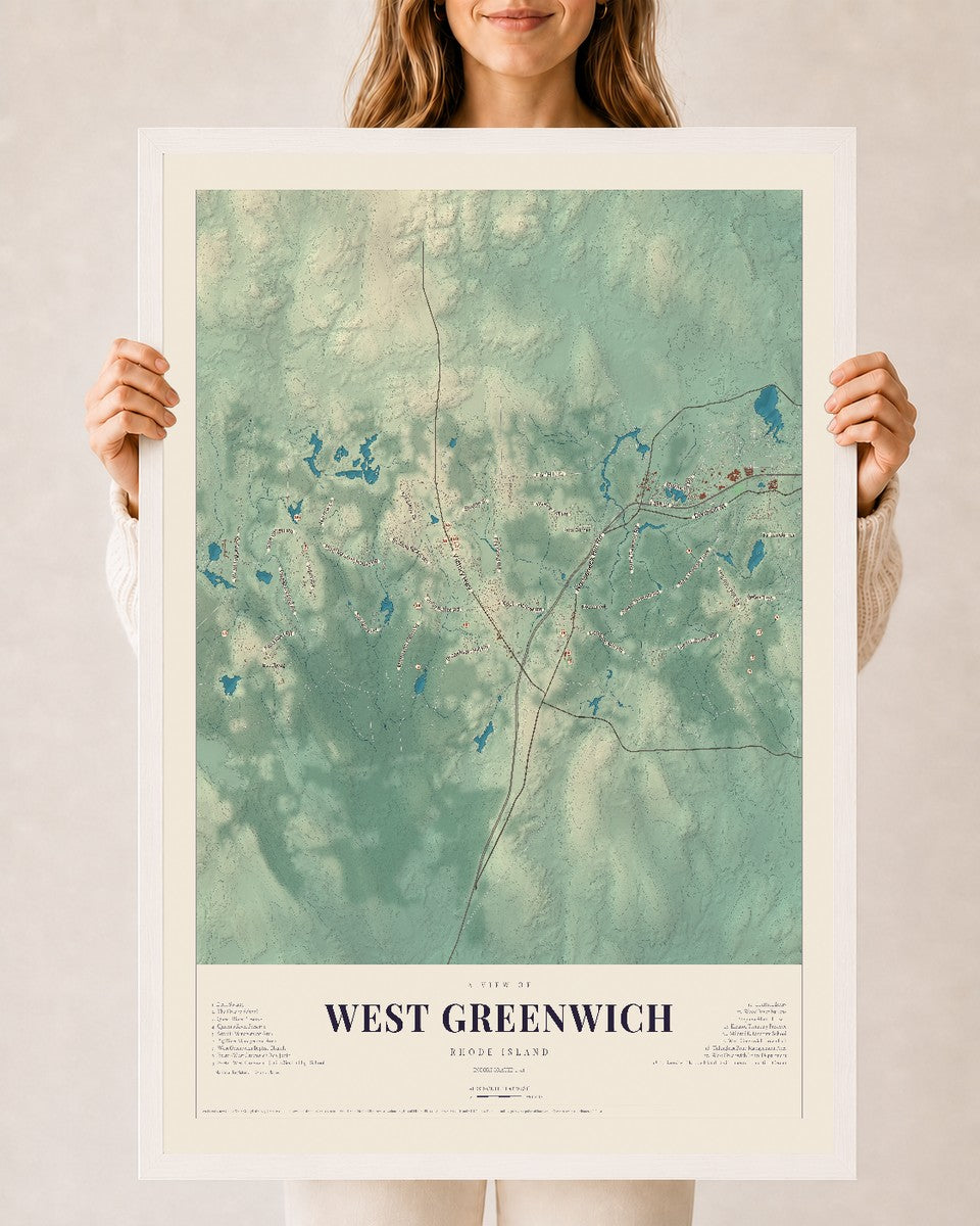 West Greenwich, Rhode Island map print, 24" x 36" W/ White Ayous Wood Frame mockup
