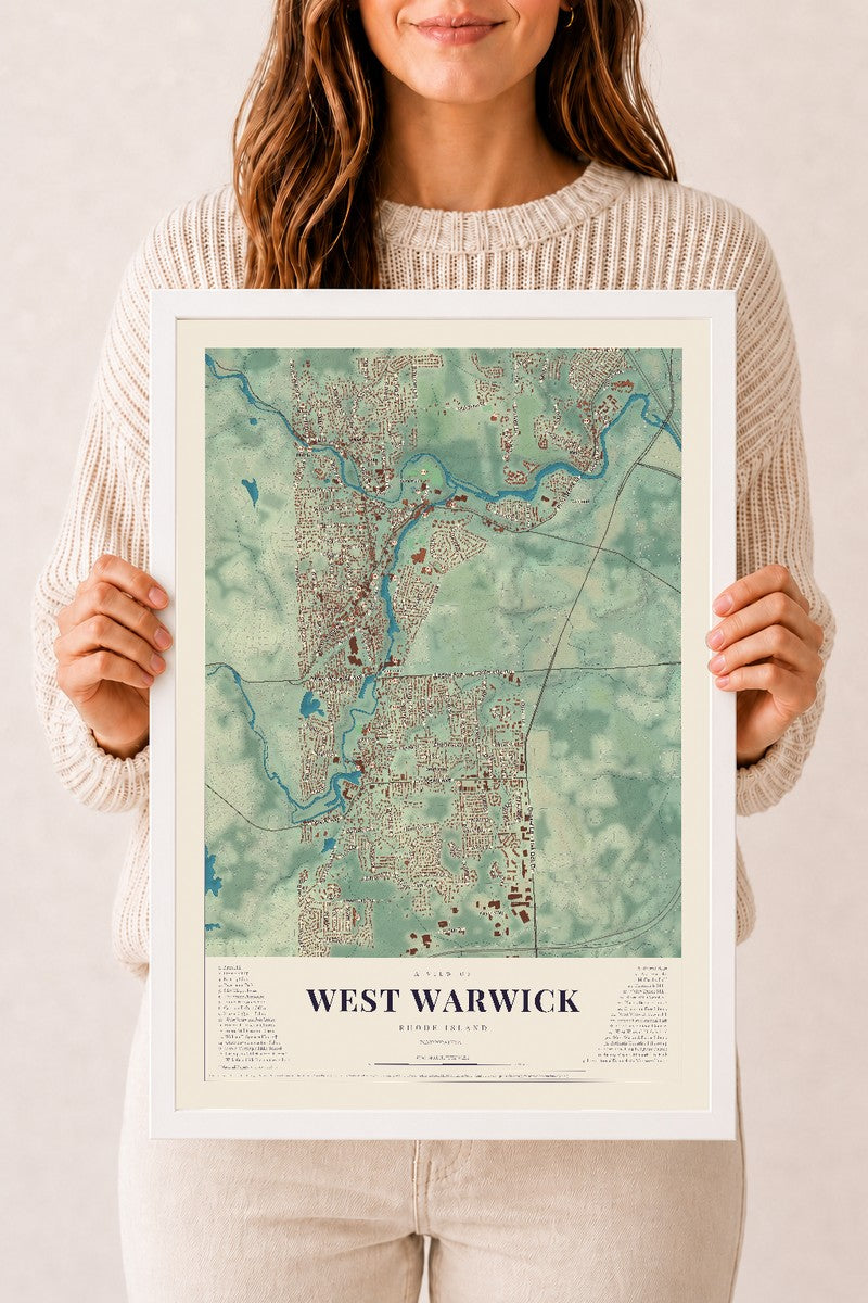 West Warwick, Rhode Island map print, 12" x 18" W/ White Ayous Wood Frame mockup