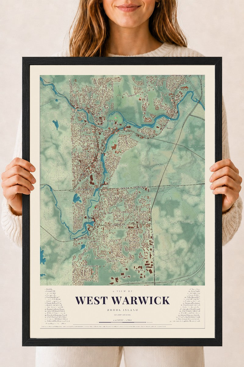 West Warwick, Rhode Island map print, 18" x 24" W/ Black Ayous Wood Frame mockup