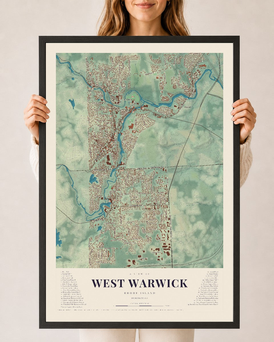 West Warwick, Rhode Island map print, 24" x 36" W/ Black Ayous Wood Frame mockup
