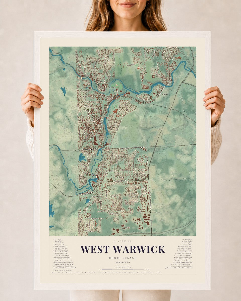 West Warwick, Rhode Island map print, 24" x 36" W/ White Ayous Wood Frame mockup