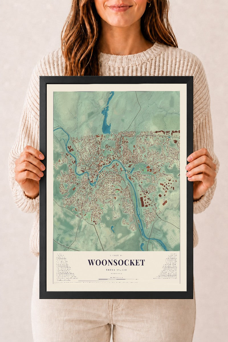 Woonsocket, Rhode Island map print, 12" x 18" W/ Black Ayous Wood Frame mockup