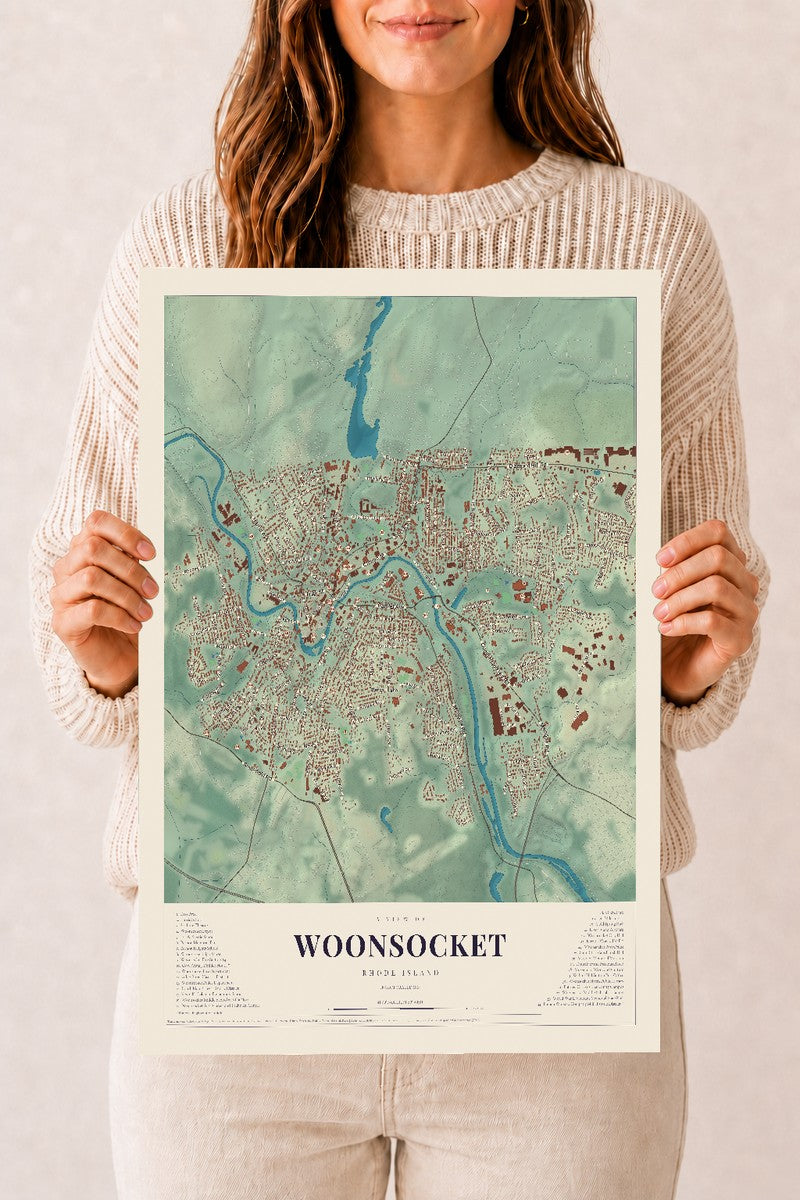 Woonsocket, Rhode Island map print, 12" x 18" Archival Matte Print mockup