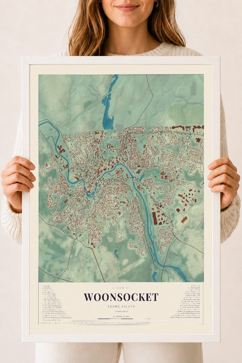 Woonsocket, Rhode Island map print, 18" x 24" W/ White Ayous Wood Frame mockup