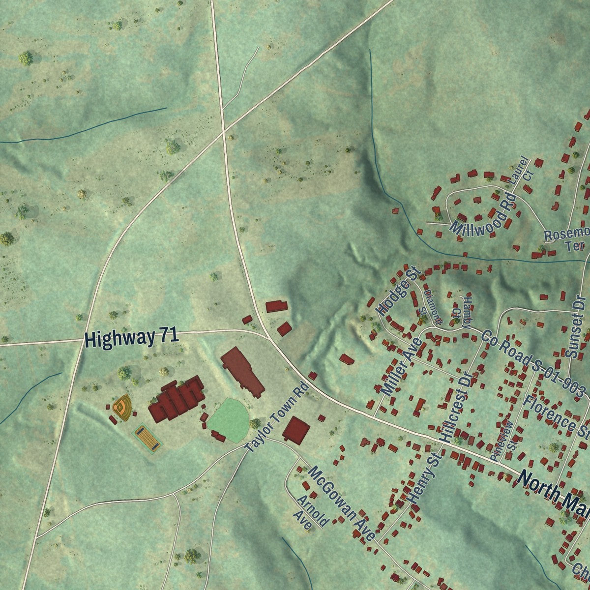 Second close-up of the map of Abbeville, South Carolina print showing more streets and buildings