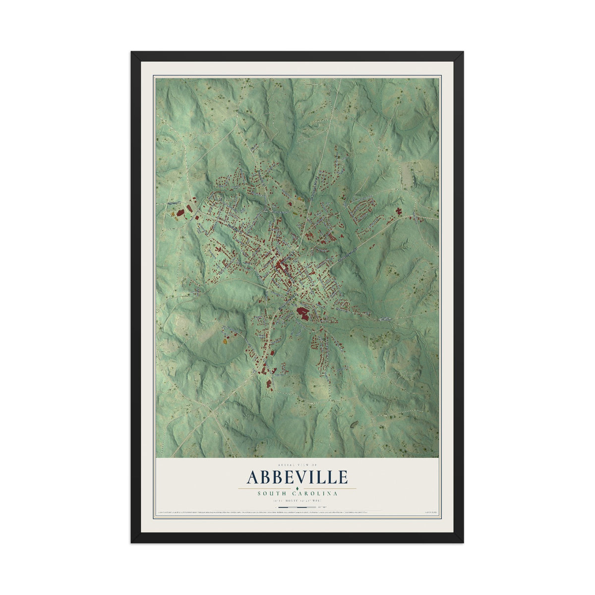 Map of Abbeville, South Carolina, 12 x 18 inch print in a black wood frame