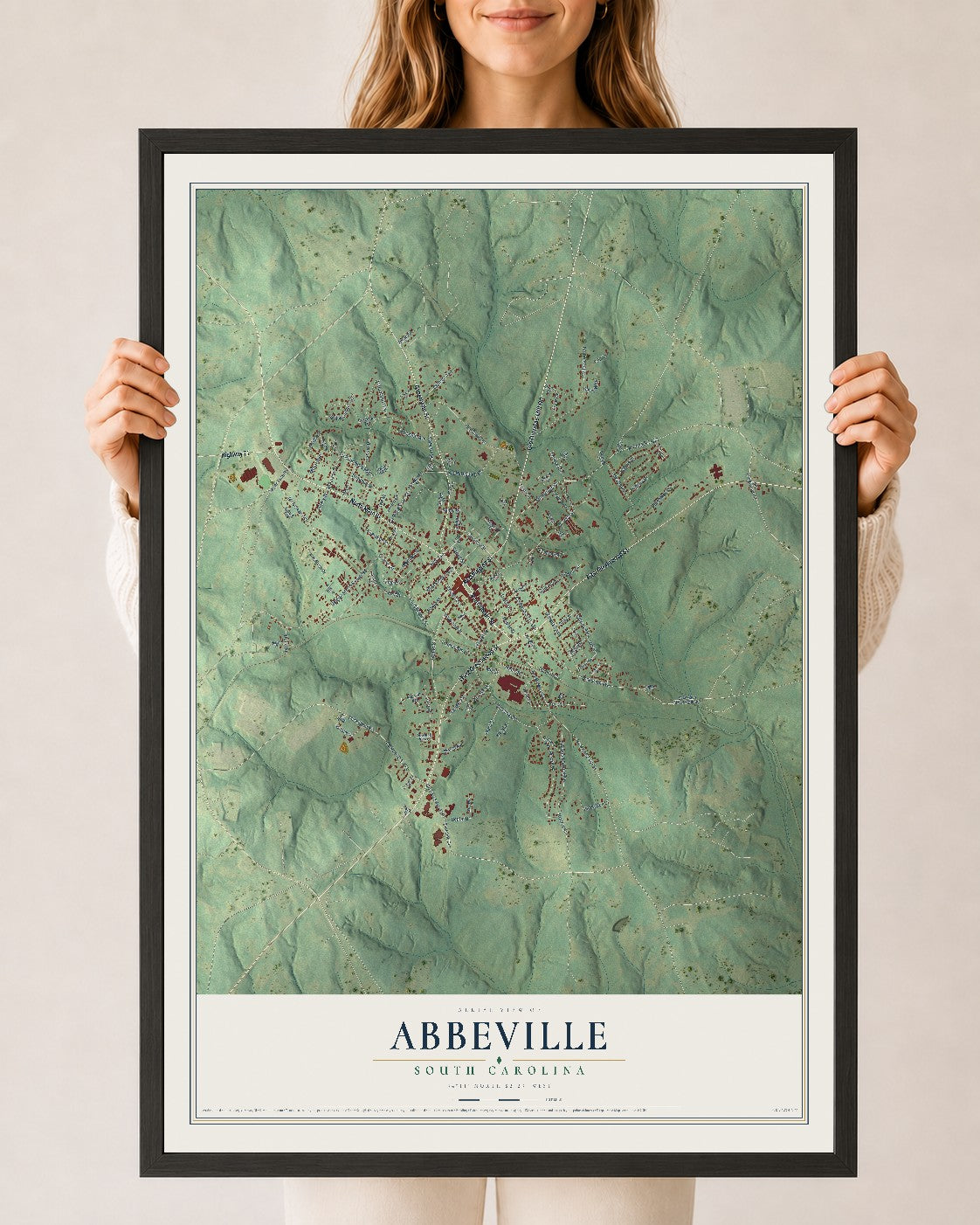 Map of Abbeville, South Carolina, 24 x 36 inch print in a black wood frame