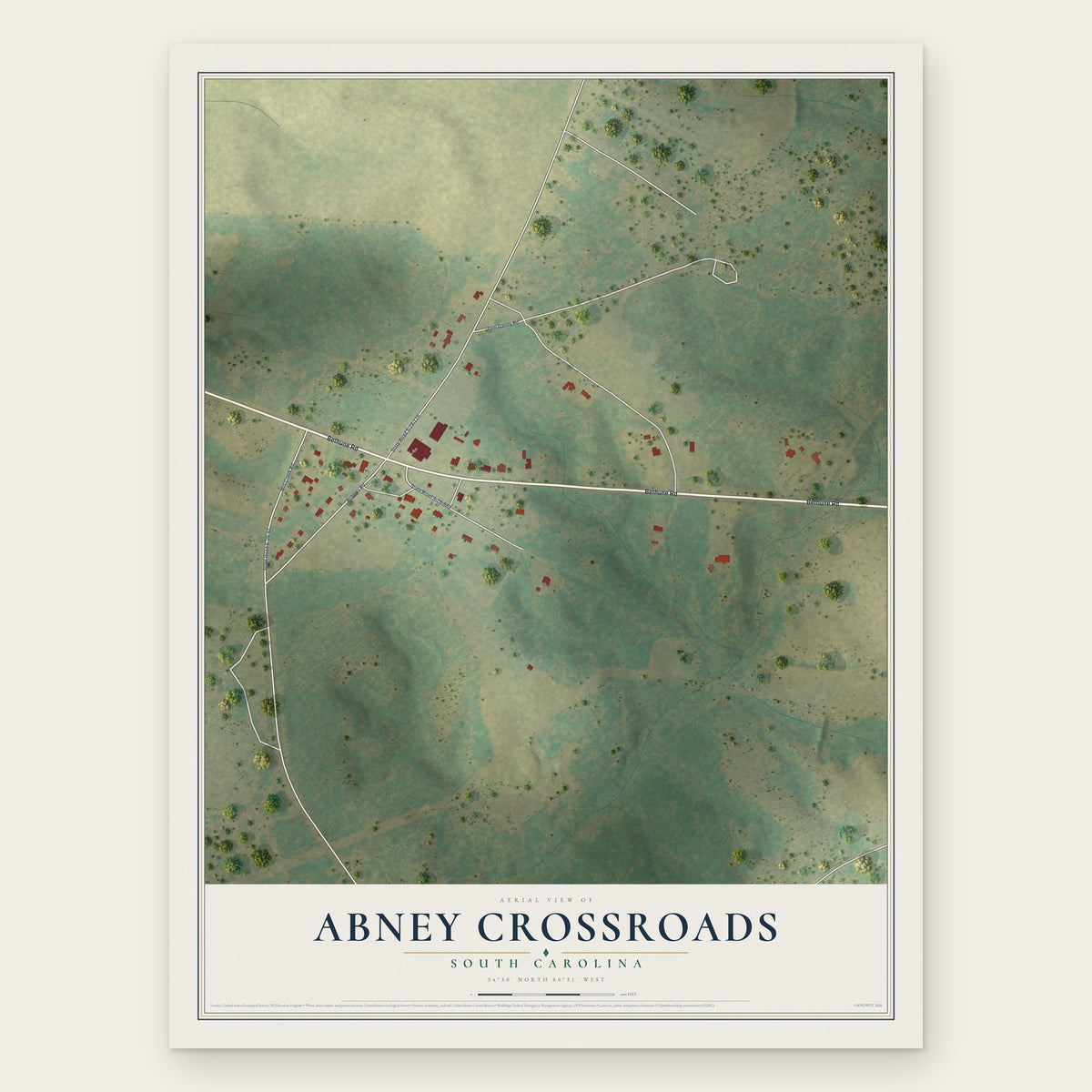 Abney Crossroads, South Carolina map print, the full design