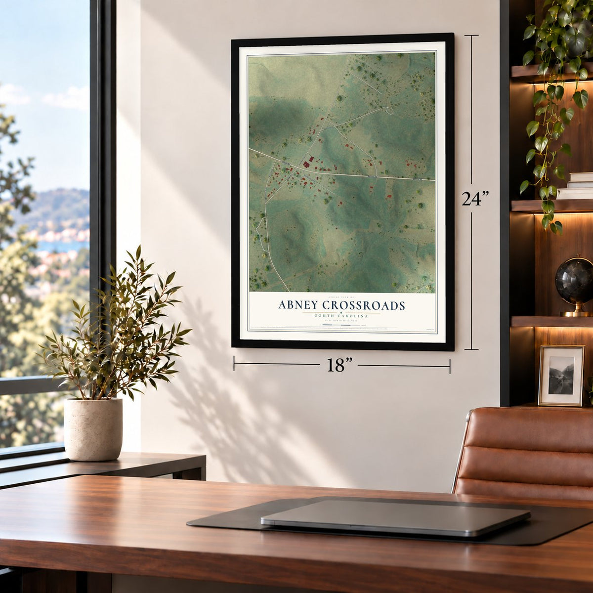 Abney Crossroads, South Carolina map, 18 x 24 inch print in a black frame in a home office