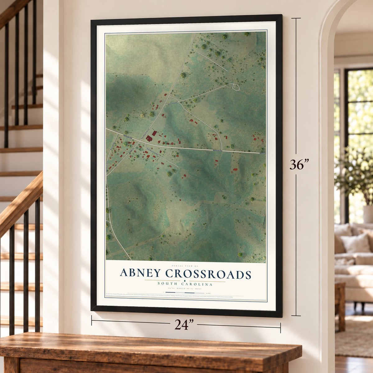 Abney Crossroads, South Carolina map, 24 x 36 inch print in a black frame by a staircase