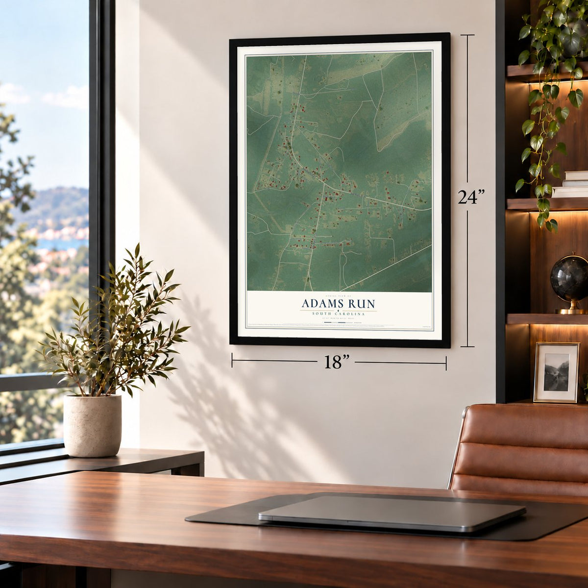 Adams Run, South Carolina map, 18 x 24 inch print in a black frame in a home office