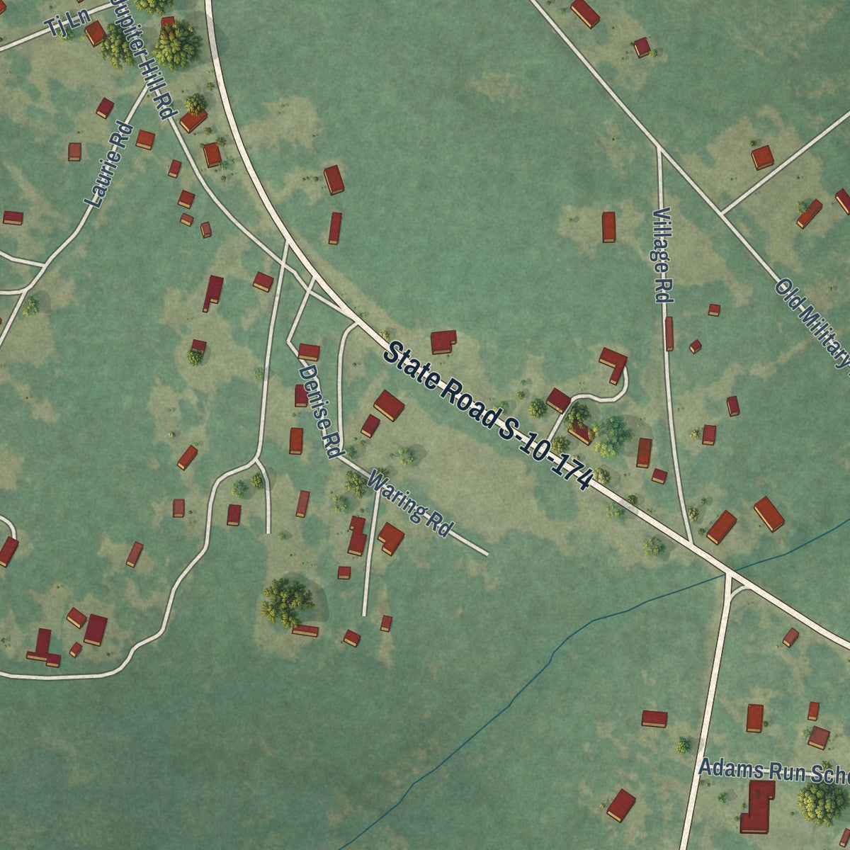 Close-up of the map of Adams Run, South Carolina print showing street and building detail