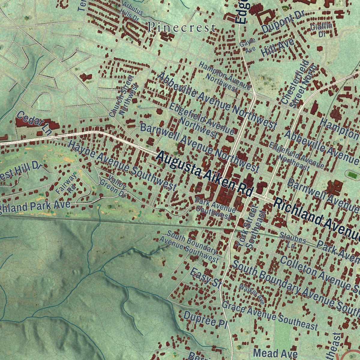 Second close-up of the map of Aiken, South Carolina print showing more streets and buildings