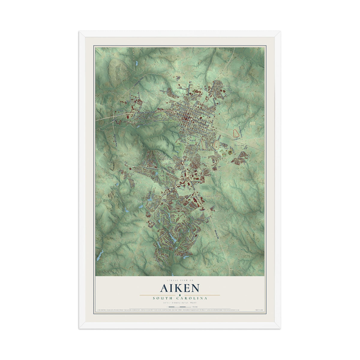 Map of Aiken, South Carolina, 12 x 18 inch print in a white wood frame