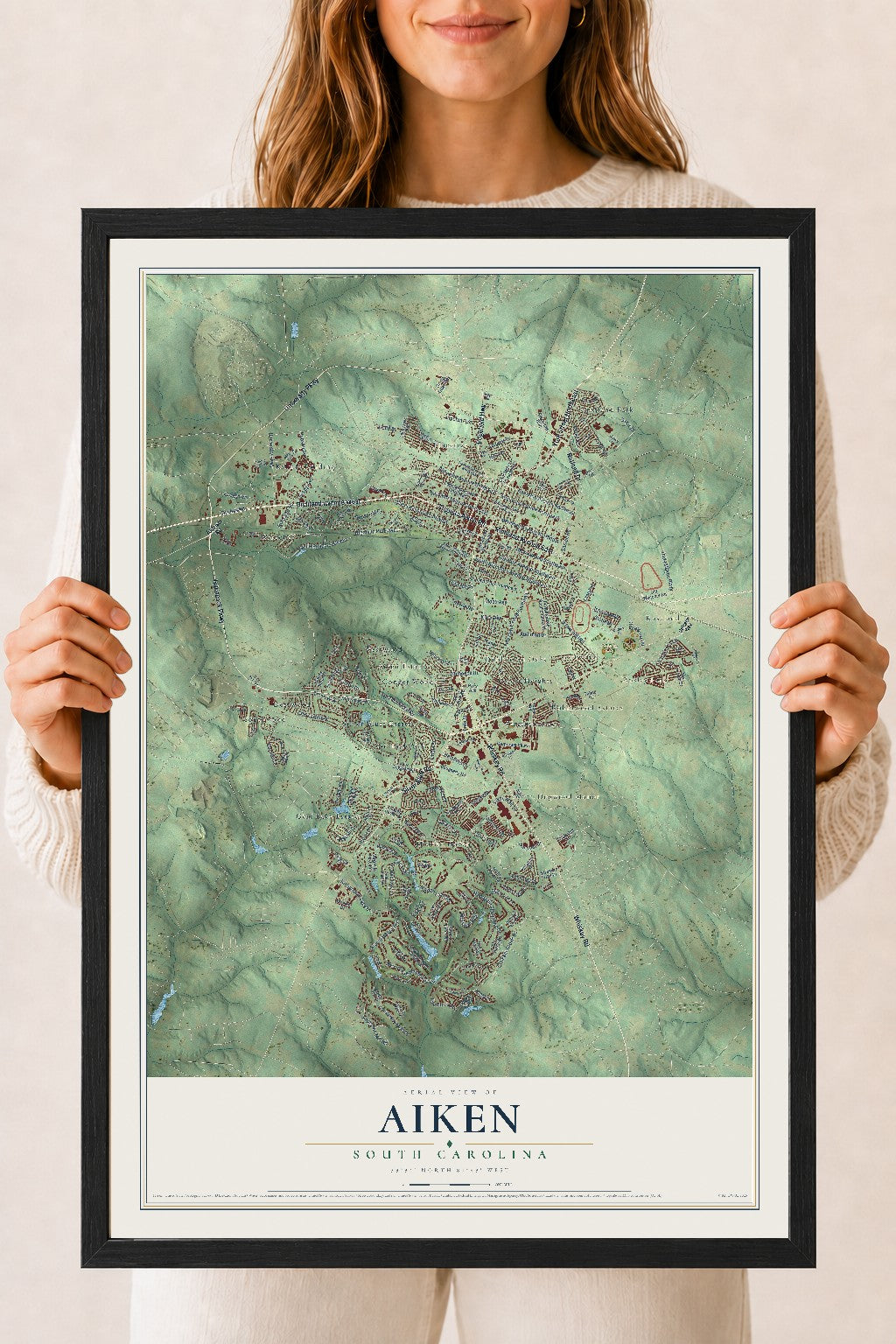 Map of Aiken, South Carolina, 18 x 24 inch print in a black wood frame