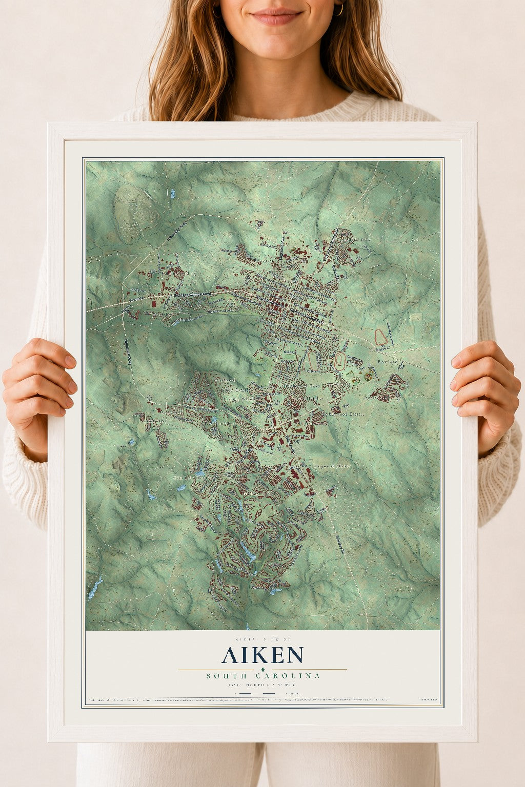 Map of Aiken, South Carolina, 18 x 24 inch print in a white wood frame