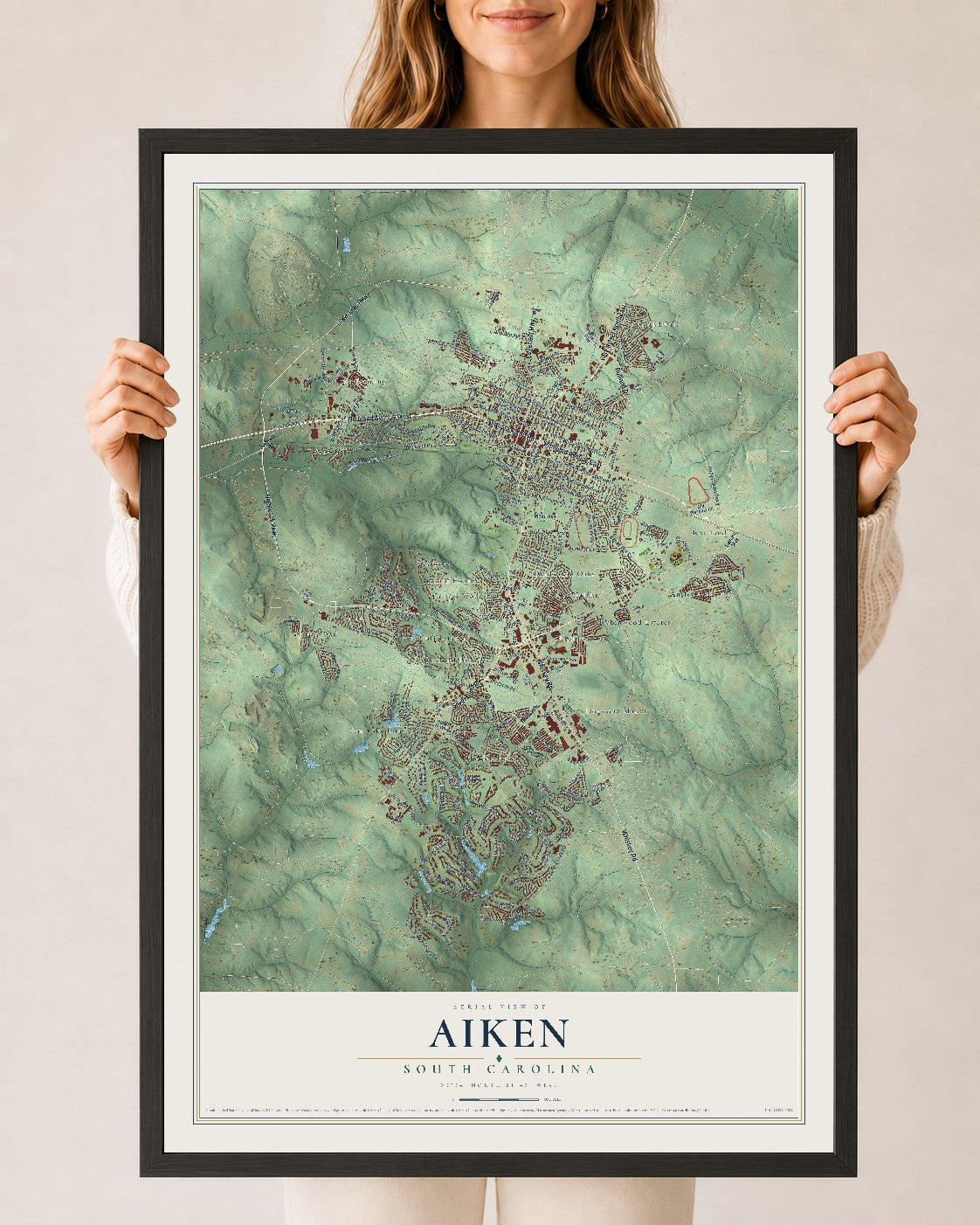 Map of Aiken, South Carolina, 24 x 36 inch print in a black wood frame