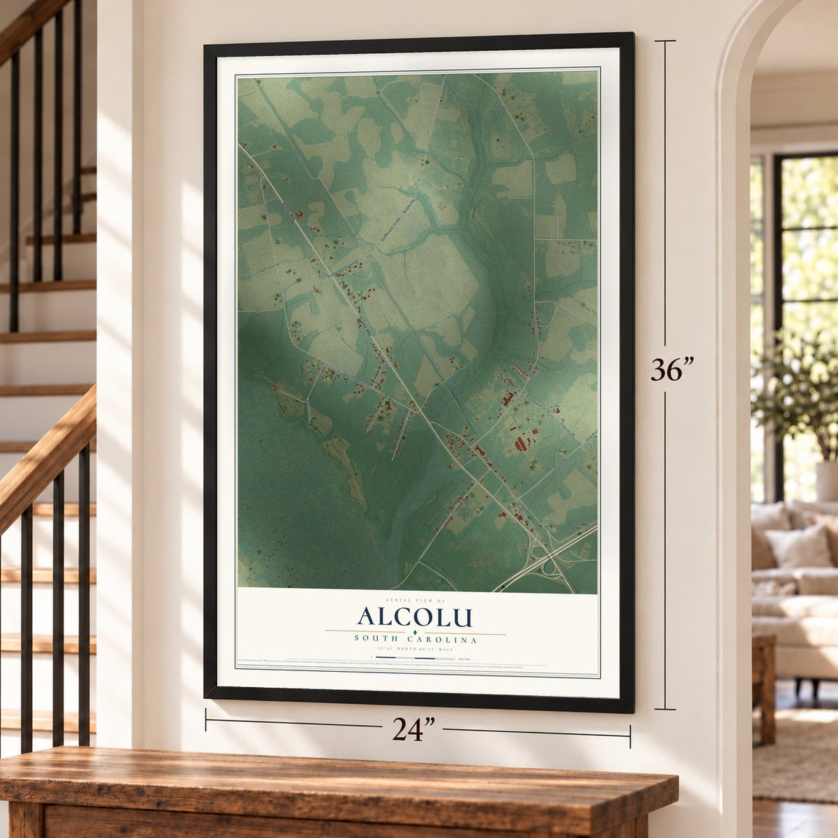 Alcolu, South Carolina map, 24 x 36 inch print in a black frame by a staircase
