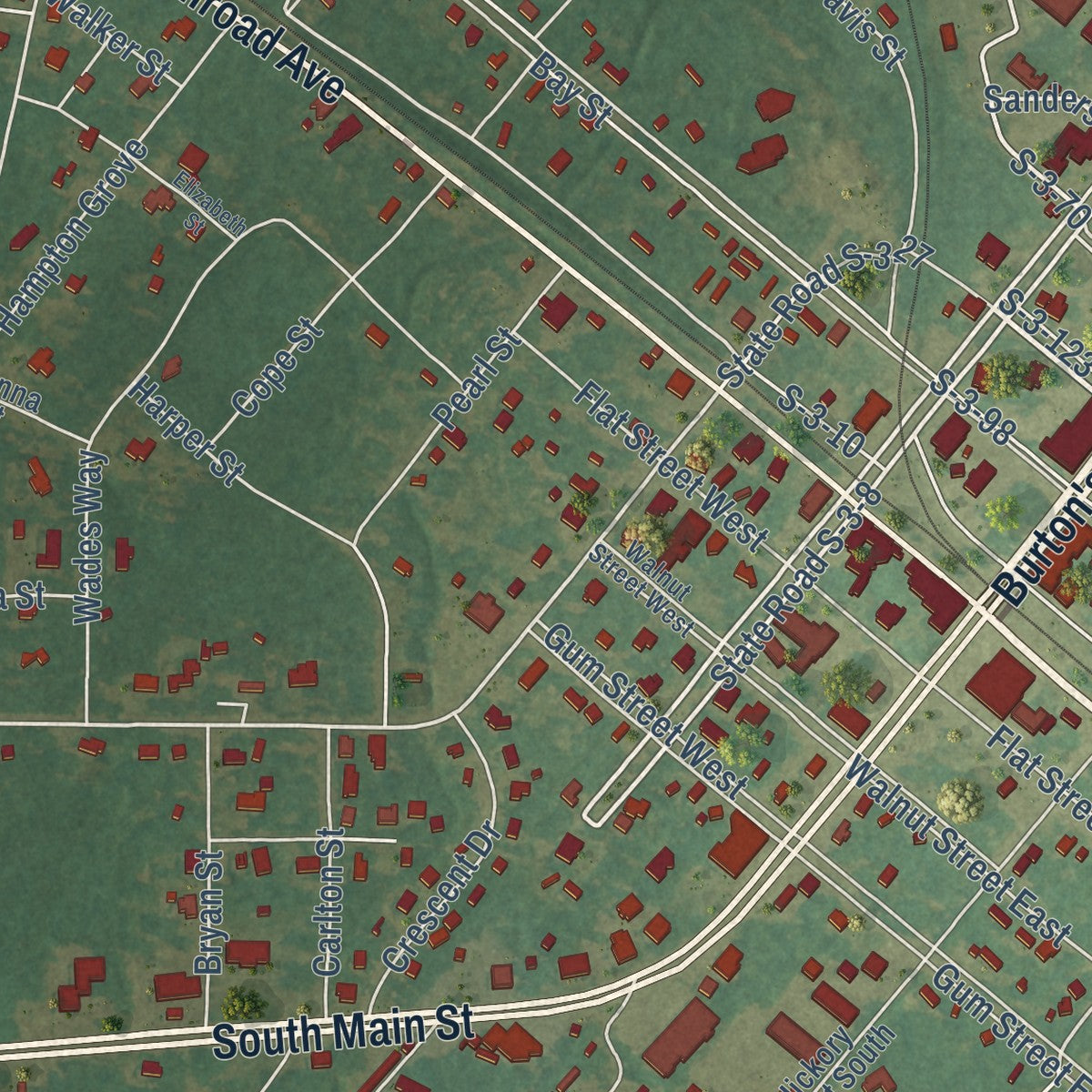 Close-up of the map of Allendale, South Carolina print showing street and building detail