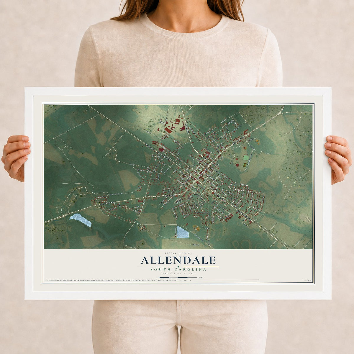 Map of Allendale, South Carolina, 12 x 18 inch print in a white wood frame