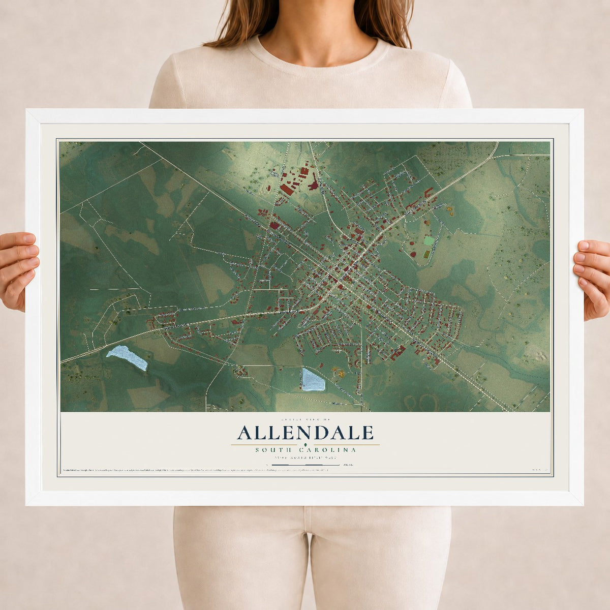 Map of Allendale, South Carolina, 18 x 24 inch print in a white wood frame