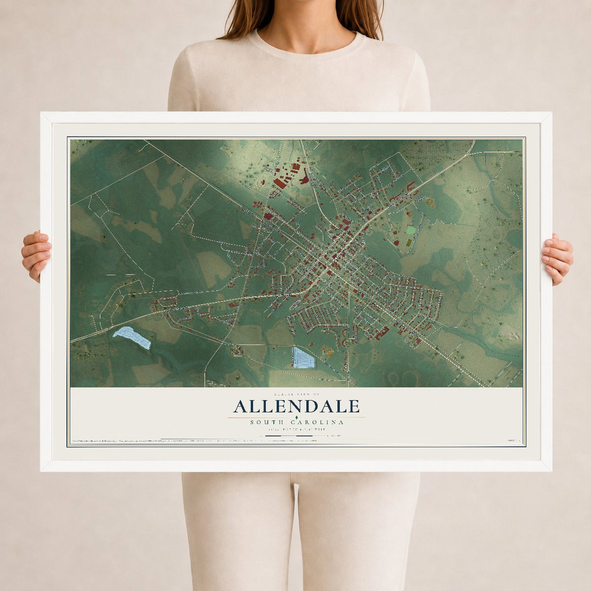 Map of Allendale, South Carolina, 24 x 36 inch print in a white wood frame