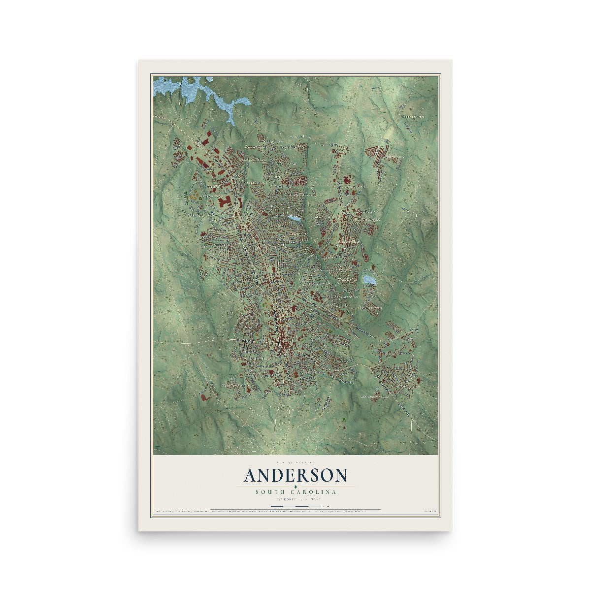 Map of Anderson, South Carolina, 12 x 18 inch unframed archival matte print