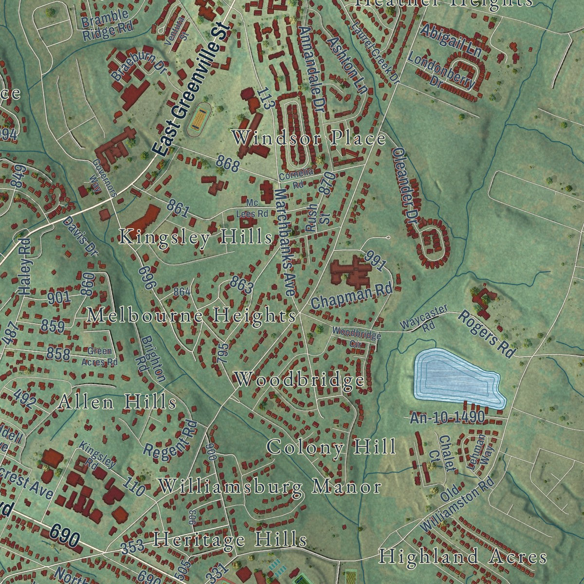 Second close-up of the map of Anderson, South Carolina print showing more streets and buildings