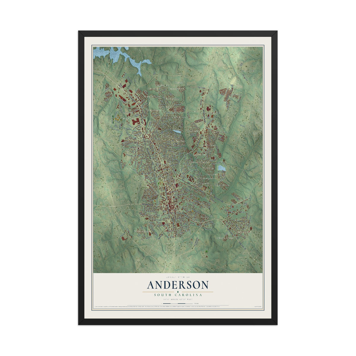 Map of Anderson, South Carolina, 12 x 18 inch print in a black wood frame