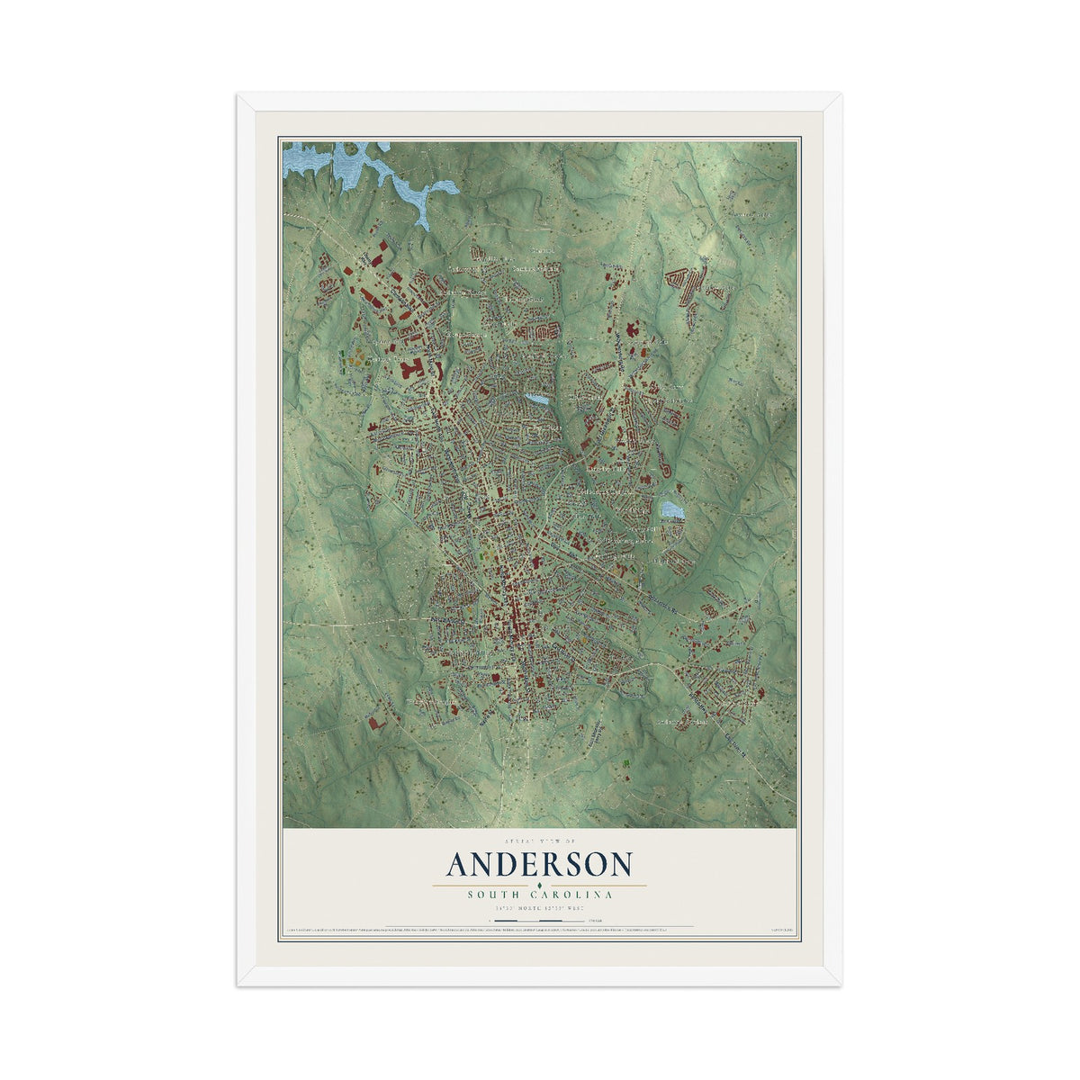 Map of Anderson, South Carolina, 12 x 18 inch print in a white wood frame