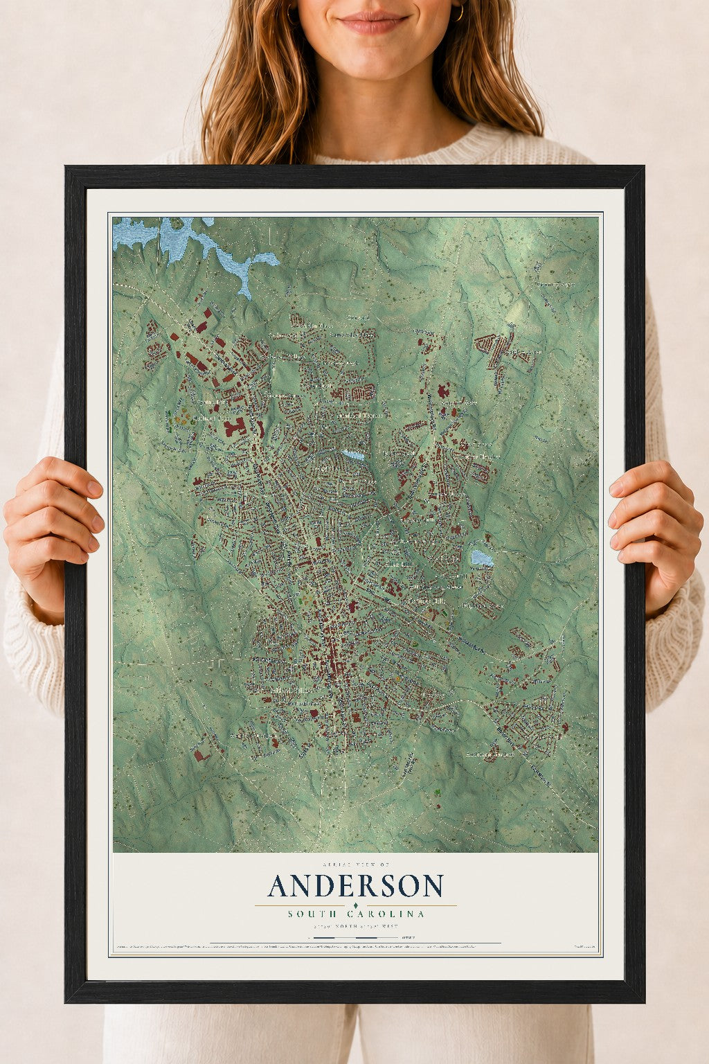 Map of Anderson, South Carolina, 18 x 24 inch print in a black wood frame