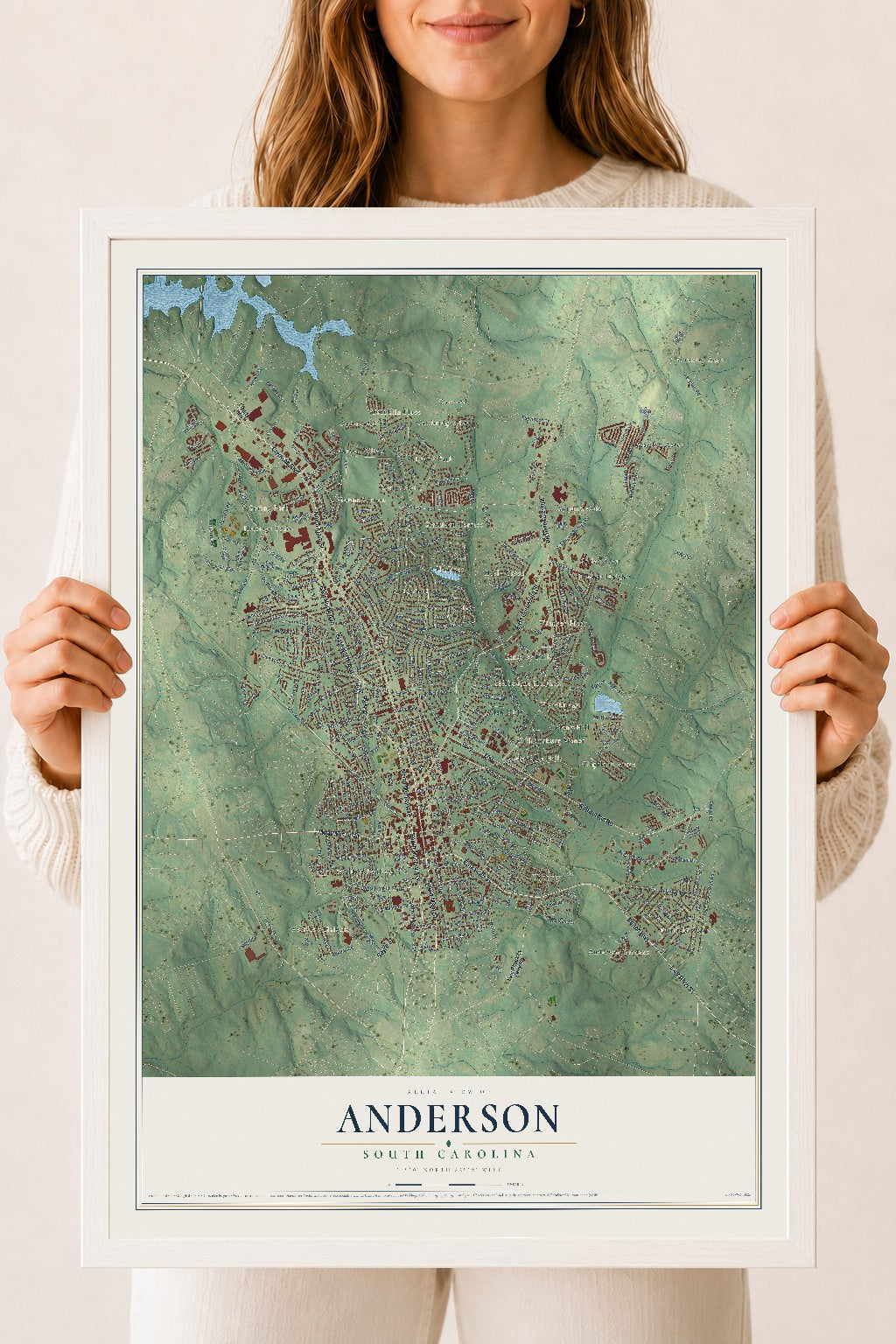 Map of Anderson, South Carolina, 18 x 24 inch print in a white wood frame