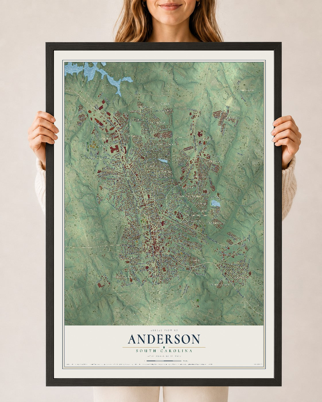Map of Anderson, South Carolina, 24 x 36 inch print in a black wood frame