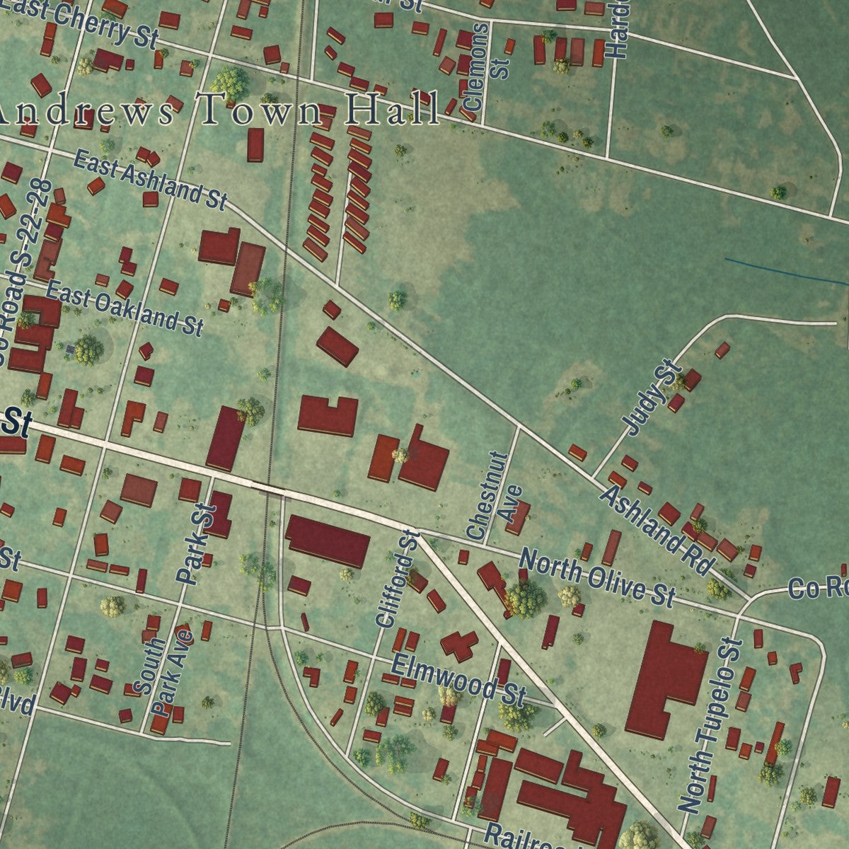 Second close-up of the map of Andrews, South Carolina print showing more streets and buildings