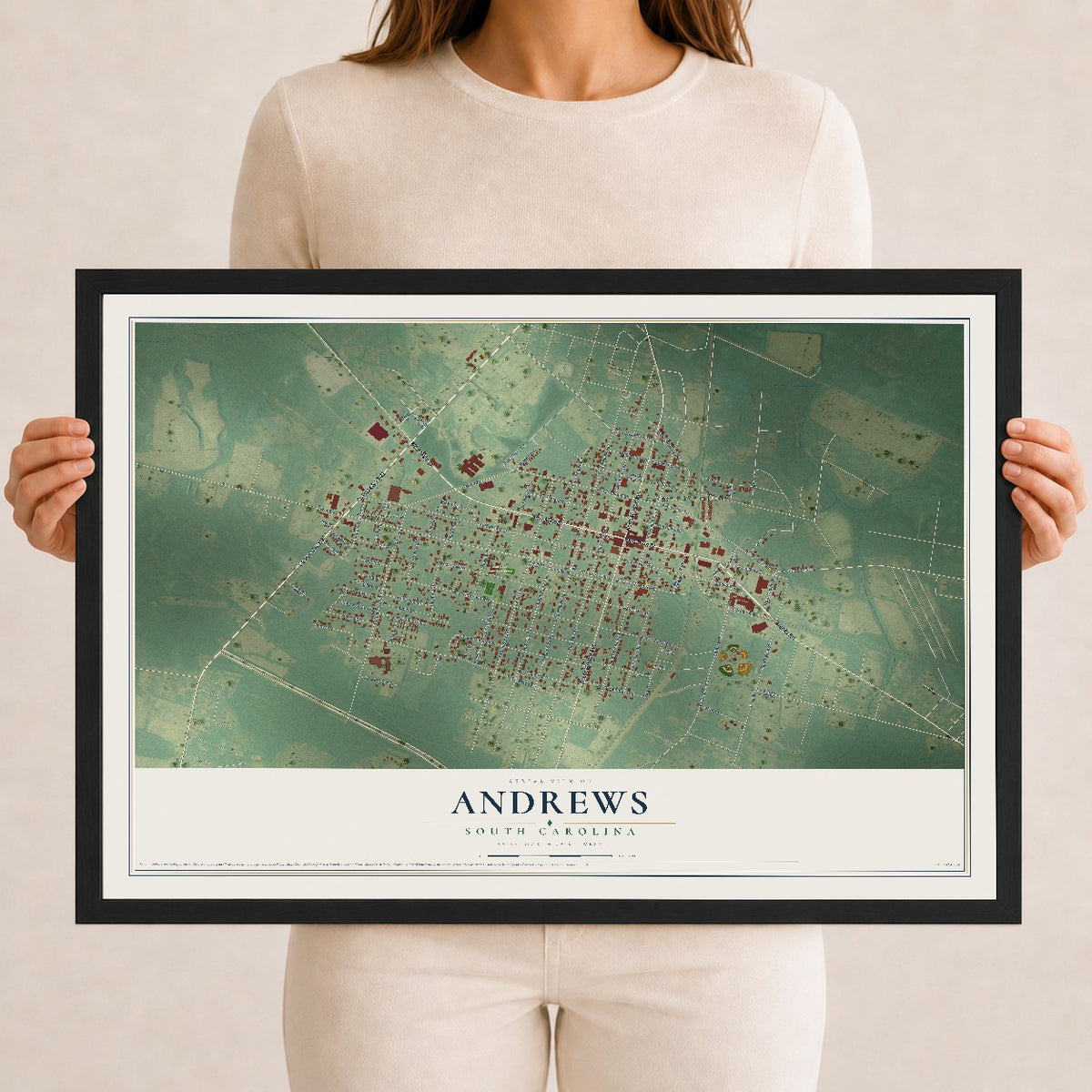 Map of Andrews, South Carolina, 12 x 18 inch print in a black wood frame