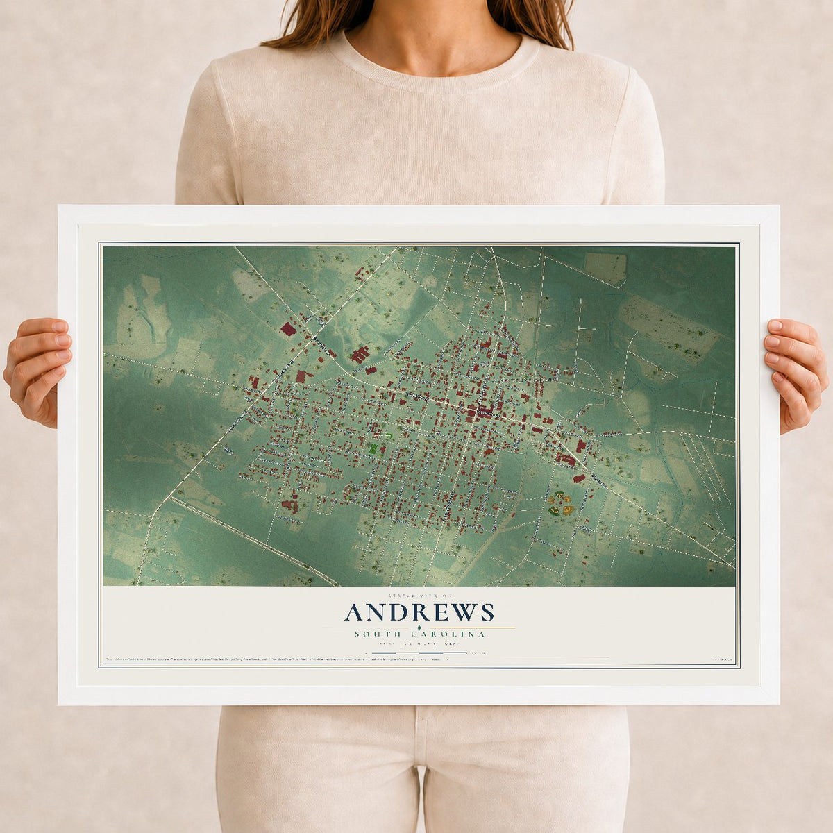 Map of Andrews, South Carolina, 12 x 18 inch print in a white wood frame