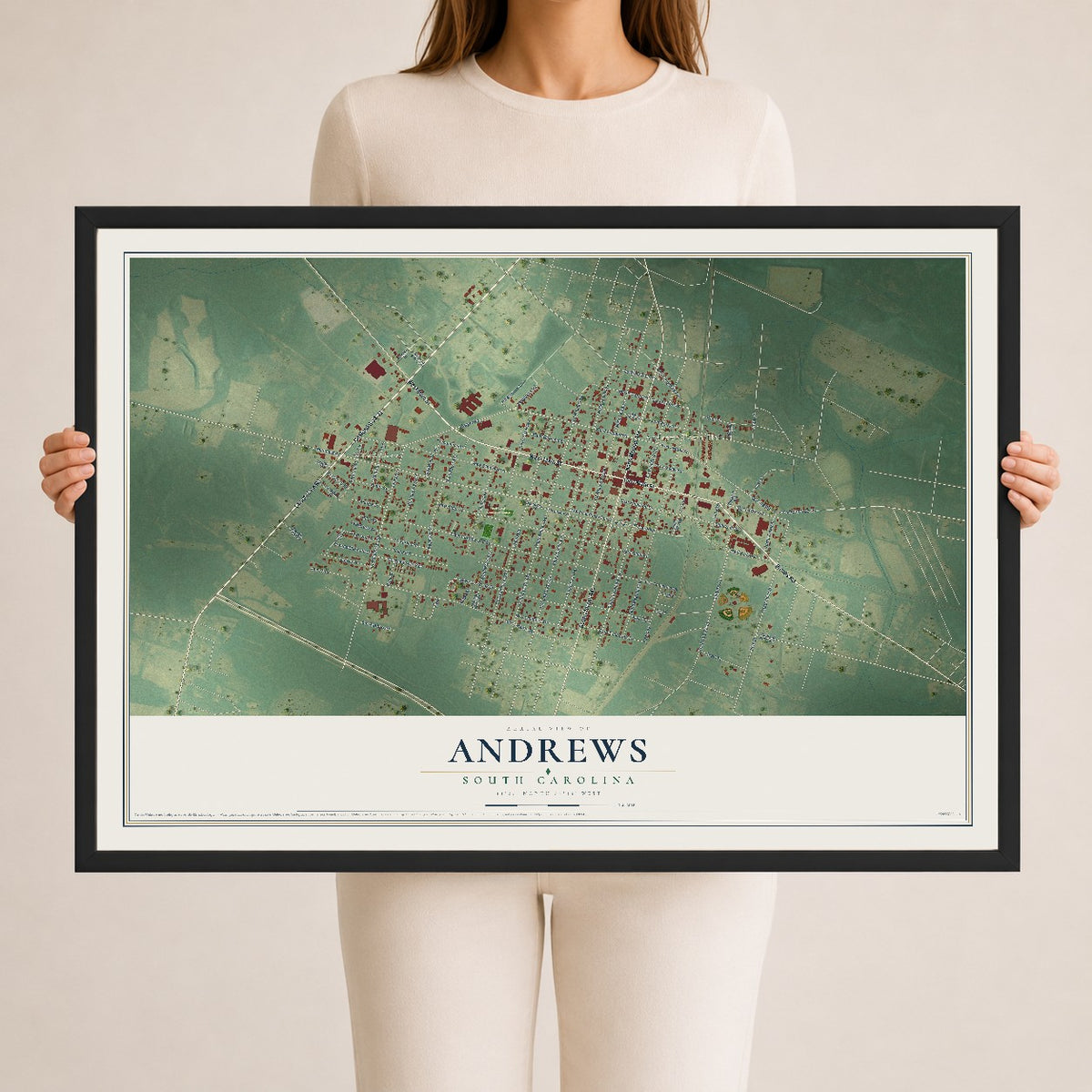 Map of Andrews, South Carolina, 24 x 36 inch print in a black wood frame