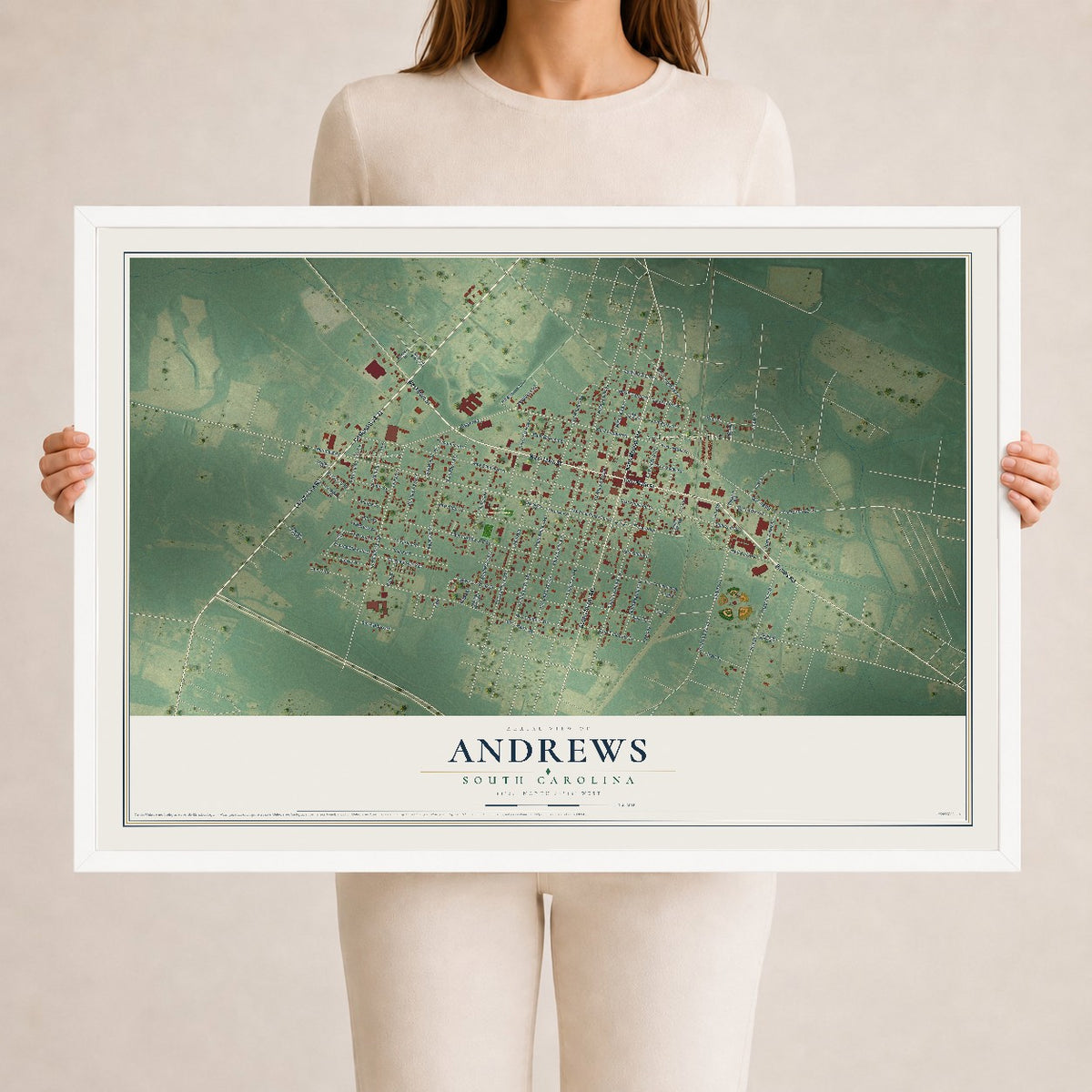 Map of Andrews, South Carolina, 24 x 36 inch print in a white wood frame