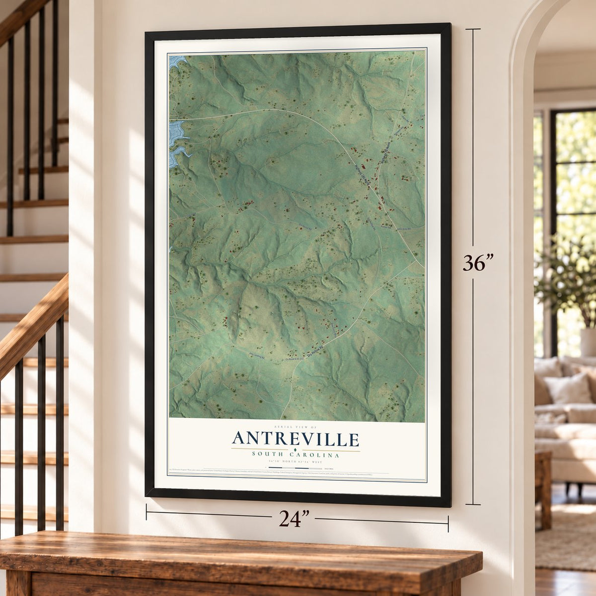 Antreville, South Carolina map, 24 x 36 inch print in a black frame by a staircase