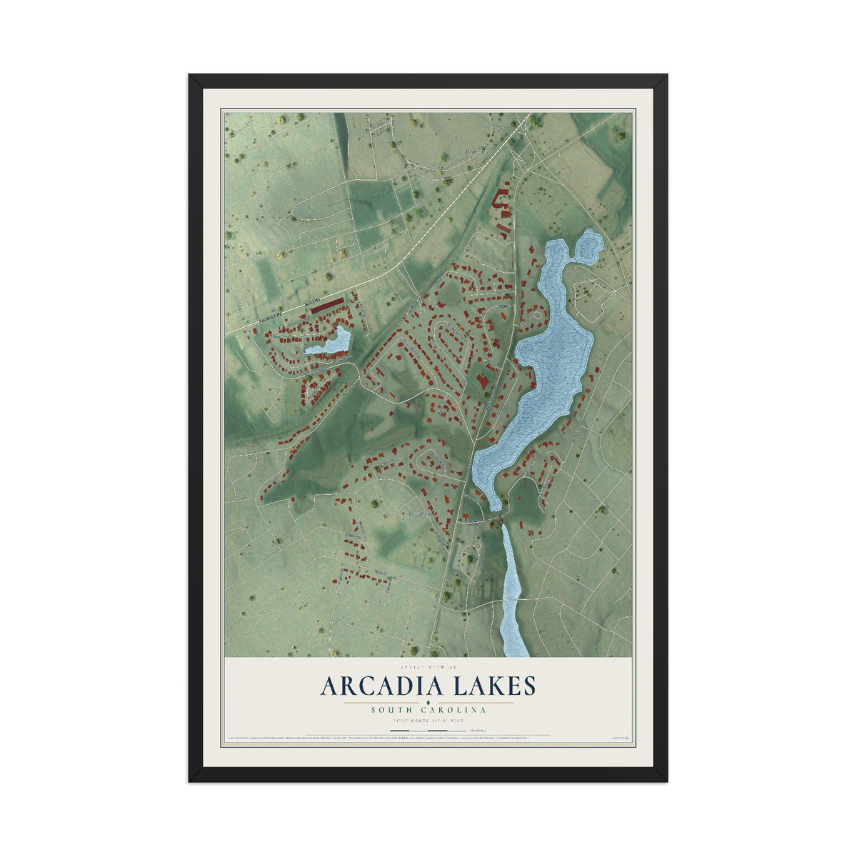 Map of Arcadia Lakes, South Carolina, 12 x 18 inch print in a black wood frame