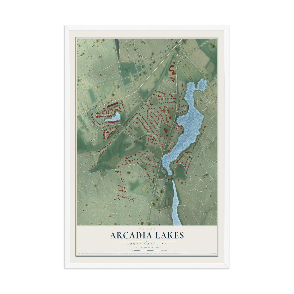 Map of Arcadia Lakes, South Carolina, 12 x 18 inch print in a white wood frame