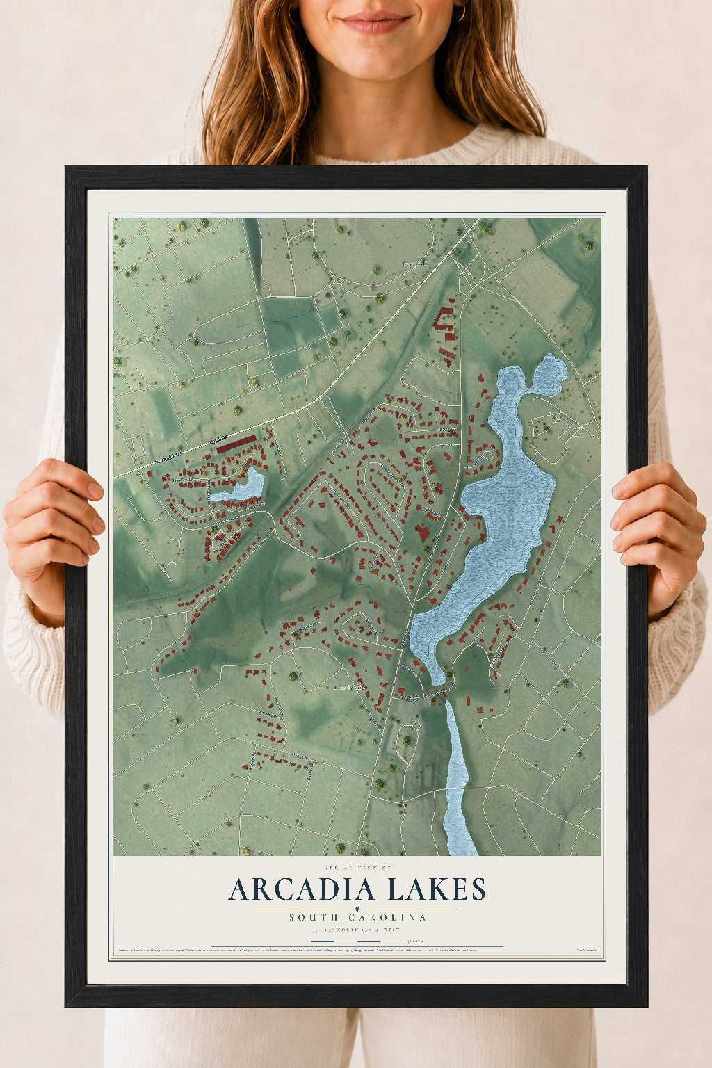 Map of Arcadia Lakes, South Carolina, 18 x 24 inch print in a black wood frame