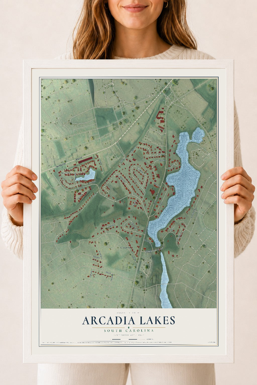 Map of Arcadia Lakes, South Carolina, 18 x 24 inch print in a white wood frame
