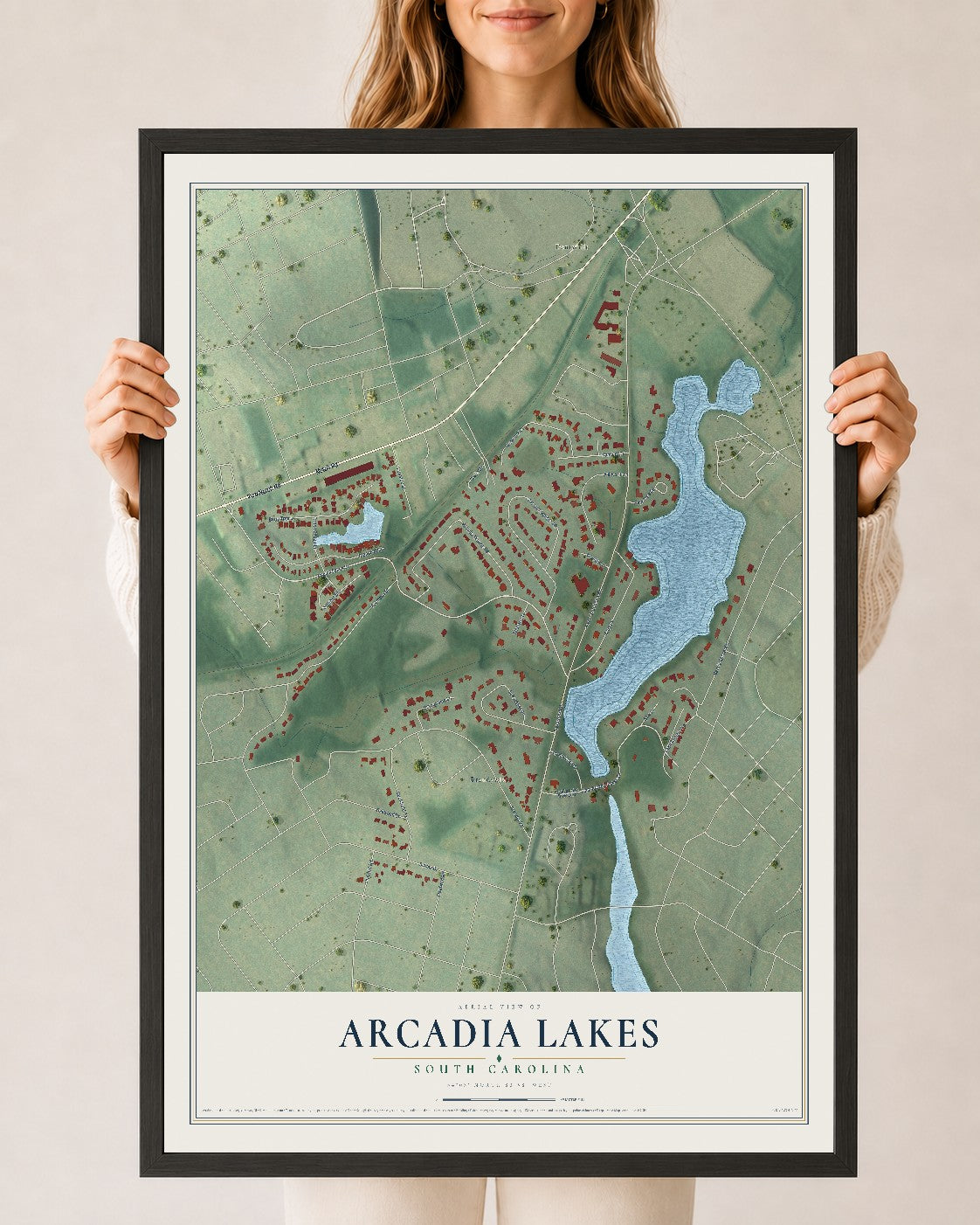 Map of Arcadia Lakes, South Carolina, 24 x 36 inch print in a black wood frame